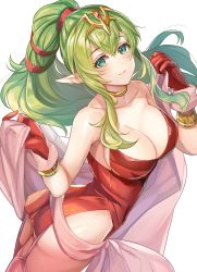 Rule 34 | 1girl, aged up, ass, bare shoulders, breasts, cape, cleavage, collar, collarbone, dress, fire emblem, fire emblem awakening, garter straps, gloves, green eyes, green hair, hair ornament, highres, jewelry, kokouno oyazi, large breasts, long hair, nintendo, pointy ears, ponytail, red dress, red gloves, short dress, side slit, simple background, smile, solo, strapless, strapless dress, thighhighs, tiara, tiki (adult) (fire emblem), tiki (fire emblem), white background