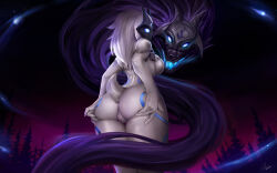 Rule 34 | 1girl, animal ears, ass, ass support, backboob, body fur, body markings, breasts, felox08, from behind, furry, furry female, glowing, goat ears, goat girl, goat tail, grey fur, grey hair, hands on own ass, kindred (league of legends), lamb (league of legends), large breasts, league of legends, long hair, looking at viewer, looking back, mask, night, outdoors, red sky, shiny skin, signature, sky, tree, wolf (league of legends)