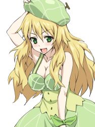 Rule 34 | 1girl, beret, blonde hair, breasts, cleavage, green eyes, hand on headwear, hat, hoshii miki, idolmaster, idolmaster (classic), inu1tou, large breasts, long hair, open mouth, simple background, solo, white background