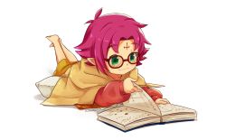 Rule 34 | 1girl, artist name, blackma (pagus0012), book, closed mouth, facial mark, fae (fire emblem), fire emblem, fire emblem: the binding blade, fire emblem heroes, forehead mark, glasses, green eyes, highres, long sleeves, lying, nintendo, on stomach, open book, pointy ears, purple hair, short hair, simple background, solo, white background