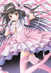 Rule 34 | 1girl, akemi homura, alternate costume, black hair, bow, cosplay, dress, gloves, hair bow, hairband, kaname madoka, long hair, looking at viewer, mahou shoujo madoka magica, mahou shoujo madoka magica (anime), red eyes, sakaguchi mikan, smile, solo, spoilers, star (sky), thighhighs, two side up, ultimate madoka, ultimate madoka (cosplay)