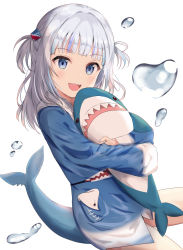 Rule 34 | 1girl, :d, blue eyes, blue hair, blue nails, commentary, fins, fish tail, gawr gura, gawr gura (1st costume), hair ornament, highres, hololive, hololive english, hugging object, long hair, long sleeves, looking at viewer, multicolored hair, nail polish, open mouth, shark tail, sharp teeth, silver hair, simple background, smile, so korokoro, solo, streaked hair, stuffed animal, stuffed shark, stuffed toy, tail, teeth, two side up, virtual youtuber, water drop, white background