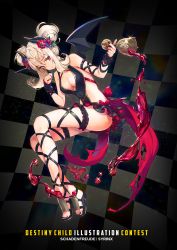 Rule 34 | 1girl, alternate costume, ankle lace-up, black wings, breasts, checkered background, cleavage, cross-laced footwear, cup, demon wings, destiny child, double bun, feet, flower, full body, hair flower, hair ornament, highres, holding, holding cup, horns, large breasts, long hair, looking at viewer, nagu, parted lips, red eyes, red flower, sandals, sidelocks, silver hair, solo, thigh strap, toes, wings, wrist cuffs