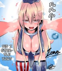 Rule 34 | 10s, 1girl, breasts, cleavage, hard-translated, iowa (kancolle), kantai collection, large breasts, looking at viewer, miniskirt, skirt, solo, thighhighs, third-party edit, translated, tyvty (ziraikaitosann), you gonna get raped, zettai ryouiki