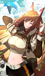 Rule 34 | 1girl, ;), absurdres, arknights, bird, breasts, brown eyes, brown hair, charm (object), commentary, crop top, franka (arknights), franka (rainforest me rainbow) (arknights), hand up, highres, large breasts, liskarm (arknights), long hair, looking at viewer, midriff, navel, nikaidou tetsuo, one eye closed, smile, solo, stomach, upper body, very long hair