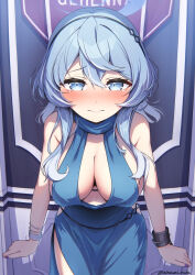 Rule 34 | 1girl, ako (blue archive), ako (dress) (blue archive), black hairband, blue archive, blue dress, blue eyes, blue hair, blue halo, breasts, cuffs, dress, fingernails, hairband, halo, handcuffs, highres, large breasts, long hair, looking at viewer, minazumi souka, nail polish, official alternate costume, purple nails, sideboob, signature, solo, twitter username