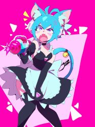 Rule 34 | 1girl, :o, absurdres, aetherion, anger vein, angry, animal ears, antenna hair, apron, aqua hair, bare shoulders, bell, black dress, black gloves, blue hair, blush, breasts, cat ears, cat girl, cat tail, cleavage, dress, dress tug, elbow gloves, energy gun, fangs, feet out of frame, gloves, gun, highres, holding, holding gun, holding weapon, jingle bell, knees together feet apart, maid, medium breasts, multicolored eyes, original, pink background, ray gun, solo, space girl (aetherion), tail, thighhighs, waist apron, weapon