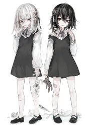 Rule 34 | 2girls, :d, bandaid, bandaid on arm, bandaid on hand, black bow, black dress, black eyes, black footwear, black hair, blouse, bow, boxcutter, closed mouth, collared shirt, commentary request, cup, dress, flower, hair between eyes, hair ornament, hand up, hasunokaeru, highres, holding, holding stuffed toy, long sleeves, looking at viewer, mug, multiple girls, open mouth, original, puffy long sleeves, puffy sleeves, rose, scissors, self-harm, shirt, shoes, sleeveless, sleeveless dress, smile, socks, standing, stuffed animal, stuffed rabbit, stuffed toy, white background, white flower, white hair, white legwear, white rose, white shirt, wrist cutting, x hair ornament