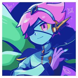 Rule 34 | 1boy, blue skin, cape, captain spaceboy, closed mouth, colored skin, eyepatch, fingerless gloves, gloves, green cape, long sleeves, omori, pink eyes, pink hair, purple gloves, smile, solo, sr ld fr, upper body