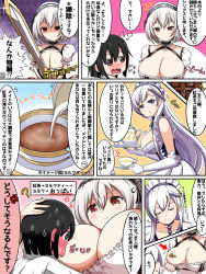 Rule 34 | 1boy, 2girls, anchor, apron, azur lane, bad id, bad pixiv id, belfast (azur lane), blush, braid, breasts, chain, choker, cleavage, collar, collarbone, comic, commentary request, corset, dress, embarrassed, french braid, frilled apron, frills, full-face blush, gloves, hairband, lace-trimmed hairband, lace trim, large breasts, maid, maid apron, maid headdress, multiple girls, out of character, puffy sleeves, red eyes, ribbon, short hair, short sleeves, sidelocks, silver hair, sirius (azur lane), speech bubble, sweatdrop, takoyakiteishoku, translation request, white apron, white gloves