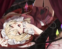 Rule 34 | 1girl, blonde hair, blood, coffin, crystal, curtains, flandre scarlet, gomashiopappa k, hat, hat ribbon, highres, indoors, looking at viewer, lying, mob cap, nail polish, on back, one side up, open mouth, red eyes, red nails, red ribbon, red skirt, ribbon, short sleeves, skirt, solo, tail, teeth, touhou, twitter username, upper teeth only, white hat, wings