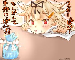 Rule 34 | 10s, 1boy, 1girl, :d, admiral (kancolle), blonde hair, dated, expressive hair, gloves, hair flaps, hair ornament, hair ribbon, hairclip, kantai collection, open mouth, red eyes, ribbon, scarf, signature, smile, sparkle, sparkling eyes, taisa (kari), translation request, white day, white gloves, white scarf, yuudachi (kancolle)