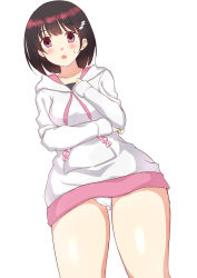 Rule 34 | 1girl, :o, arm across waist, ayakashi triangle, bad id, bad pixiv id, blush, brown eyes, brown hair, cameltoe, hair ornament, hairclip, hand up, highres, hood, hoodie, kanade suzu, looking at viewer, panties, simple background, solo, standing, sweatdrop, tenka (14f30024sy), thighs, underwear, white background, white hoodie, white panties