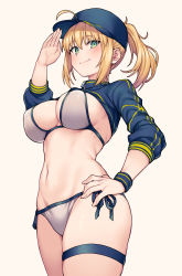 Rule 34 | 1girl, absurdres, ahoge, artoria pendragon (fate), bikini, blonde hair, blush, breasts, cleavage, cowboy shot, duplicate, fate/grand order, fate (series), green eyes, hair between eyes, hat, highres, jp06, looking at viewer, mysterious heroine x (fate), mysterious heroine xx (fate), navel, ponytail, simple background, smile, solo, swimsuit, thigh strap, white background
