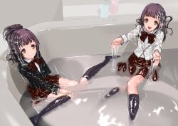 Rule 34 | 2girls, bathtub, black socks, bow, bowtie, commission, hands up, ilog, looking at viewer, lotion, multiple girls, open mouth, pleated skirt, purple hair, red bow, red bowtie, red skirt, shirt, sitting, skeb commission, skirt, smile, socks, uniform, wariza, water, wet, wet clothes, wet hair, wet shirt, yachi (fujiyasu0616), yellow eyes