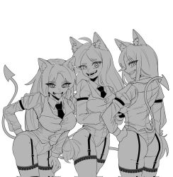 Rule 34 | 3girls, animal ears, ass, cerberus (helltaker), demon, demon girl, demon tail, dog ears, helltaker, highres, looking at viewer, multiple girls, necktie, norma1 people, shirt, tail, thighhighs, tongue, tongue out, triplets, vest, white background
