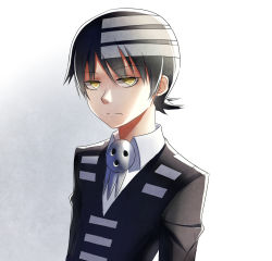 Rule 34 | 00s, 1boy, bad id, bad pixiv id, black hair, bolo tie, death the kid, formal, highres, kenneth (qq), male focus, short hair, solo, soul eater, striped, suit, yellow eyes