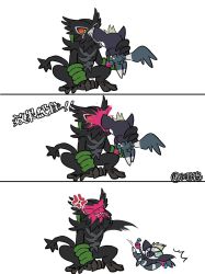 Rule 34 | 3koma, anger vein, colored sclera, comic, commentary request, creatures (company), game freak, gen 8 pokemon, grafaiai, green eyes, highres, holding, holding pokemon, motion lines, mythical pokemon, nintendo, paint, paint splatter, paint splatter on face, pokemon, pokemon (creature), red sclera, teeth, translation request, whitecrow9522, zarude