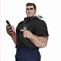 Rule 34 | 1boy, absurdres, arm hair, bara, beard, black shirt, blue eyes, blue pants, brown hair, bulge, cellphone, cowboy shot, facial hair, freckles, genderswap, genderswap (ftm), highres, holding, holding phone, large pectorals, looking at viewer, male focus, mature male, mole, mole under eye, muscular, muscular male, pants, partially unbuttoned, pectorals, phone, pointing, ross (doodlrenzo), samsung, samsung sam, shirt, short hair, sideburns, smartphone, smile, solo, stubble, thick eyebrows