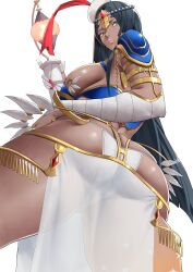 Rule 34 | 1girl, absurdres, arm wrap, armlet, armor, ass, back, bandaged arm, bandages, black hair, blue armor, bracelet, breasts, butt crack, circlet, dark-skinned female, dark skin, facial mark, fate/grand order, fate (series), feathers, forehead jewel, green eyes, hat, highres, jewelry, large breasts, long hair, looking at viewer, looking back, parted bangs, pauldrons, pelvic curtain, scheherazade (fate), scroll, shoulder armor, solo, staff, thighs, yoshio (55level)