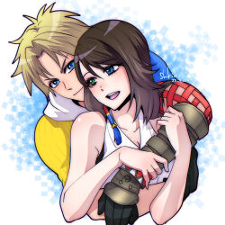 Rule 34 | 1boy, 1girl, armor, artist name, asymmetrical armor, bare arms, black gloves, blonde hair, blue eyes, breasts, brown hair, cleavage, closed mouth, couple, cropped torso, dated, final fantasy, final fantasy x, gloves, green eyes, hair between eyes, hetero, heterochromia, highres, hood, hood down, hug, hug from behind, looking at another, medium breasts, medium hair, nontraditional miko, open mouth, parted bangs, shikiwo, shirt, short hair, sleeveless, sleeveless shirt, smile, swept bangs, tidus, upper body, white hood, white shirt, yuna (ff10)