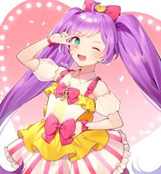 Rule 34 | 10s, 1girl, ;d, ahoge, azit (down), bare shoulders, blush, bow, collar, collarbone, detached collar, detached sleeves, frilled skirt, frills, green eyes, hair bow, hand on own hip, heart, highres, idol time pripara, long hair, manaka laala, one eye closed, open mouth, pink bow, pleated skirt, pretty series, pripara, puffy short sleeves, puffy sleeves, purple hair, see-through, see-through sleeves, shirt, short sleeves, signature, skirt, sleeveless, sleeveless shirt, smile, solo, striped clothes, striped skirt, treble clef, twintails, v over eye, vertical-striped clothes, vertical-striped skirt, very long hair, white collar, white shirt, white skirt