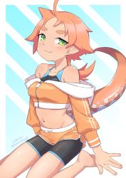 Rule 34 | 1girl, :3, absurdres, ahoge, bike shorts, black shorts, blush, brown jacket, brown shorts, closed mouth, commentary request, fang, fang out, forehead, green eyes, highres, jacket, linea-chan (owasaki), long hair, long sleeves, looking at viewer, navel, off-shoulder jacket, off shoulder, orange hair, original, owasaki, puffy long sleeves, puffy sleeves, short eyebrows, short shorts, shorts, shorts under shorts, signature, sitting, smile, solo, tail, thick eyebrows, twitter username, wariza