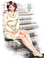 Rule 34 | 1girl, bare legs, barefoot, belt, blush, brown eyes, brown hair, coat, cum, cumdrip, dusty heaven, embarrassed, feet, full body, futanari, gradient background, hard-translated, high heels, open mouth, pantyhose, shoes, short hair, single shoe, sitting, skirt, solo, speech bubble, stairs, sweatdrop, third-party edit, translated, trench coat