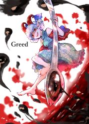 Rule 34 | 1girl, barefoot, blue dress, curly hair, detached sleeves, dress, earrings, english text, eye print, highres, holding spork, horizontal pupils, horn ornament, horn ribbon, horns, itomugi-kun, jewelry, meandros, oil, oversized object, patterned clothing, pointy ears, rectangular pupils, red eyes, red horns, red sleeves, ribbon, sharp teeth, sheep horns, spork, teeth, touhou, toutetsu yuuma, white hair