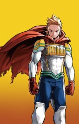 Rule 34 | 1boy, abs, blonde hair, blue eyes, boku no hero academia, cape, cleaned, gloves, horikoshi kouhei, official art, red cape, short hair, solo, standing, textless version, togata mirio, yellow background