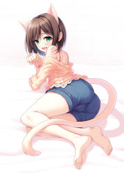 Rule 34 | 1girl, animal ears, ass, bare shoulders, barefoot, beige sweater, blush, brown hair, camisole, cat ears, cat tail, fang, feet, green eyes, hasumi (hasubatake39), highres, idolmaster, idolmaster cinderella girls, legs, looking back, lying, maekawa miku, off-shoulder, off-shoulder sweater, off shoulder, on side, open mouth, paw pose, pink camisole, short hair, shorts, smile, solo, sweater, tail, thighs, white background