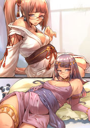 Rule 34 | 1girl, anklet, arc system works, black hair, blazblue, breasts, brown eyes, brown hair, cleavage, fat, glasses, japanese clothes, jelly shrimp, jewelry, kimono, large breasts, litchi faye ling, medium breasts, pillow, plump, stuffed toy
