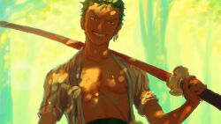 Rule 34 | 1boy, bare pectorals, green hair, grin, looking at viewer, male focus, nipple slip, nipples, official alternate costume, one piece, open clothes, open shirt, over shoulder, pectorals, razel v0, roronoa zoro, short hair, smile, solo, sword, sword over shoulder, toned, toned male, tree shade, upper body, weapon, weapon over shoulder