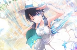 Rule 34 | 1girl, ;), armpits, back bow, blue bow, blue eyes, blue hair, blue ribbon, boater hat, bow, closed mouth, collarbone, cowboy shot, dark blue hair, dress, dutch angle, game cg, hair bow, hair over shoulder, hair ribbon, halter dress, halterneck, hat, hat bow, highres, holding, holding stuffed toy, link! like! love live!, long hair, looking at viewer, love live!, low twintails, medium dress, mole, mole on neck, murano sayaka, official art, one eye closed, penguin ice (love live!), railing, ribbon, sailing ship, salute, sleeveless, sleeveless dress, smile, solo, striped bow, stuffed animal, stuffed penguin, stuffed toy, third-party source, twintails, virtual youtuber, white dress, white hat, wrist bow