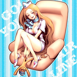 Rule 34 | 1girl, ace attorney, ace attorney investigations, blonde hair, breasts, brown hair, cammy meele, capcom, cleavage, earrings, female focus, flight attendant, full body, hat, high heels, jewelry, kayu, large breasts, legs, long hair, shoes, skirt, sleepy, smile, solo, travel attendant, very long hair
