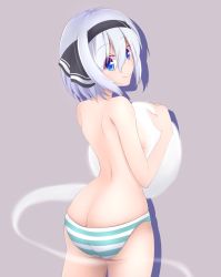 Rule 34 | 1girl, ass, black hairband, black ribbon, blue eyes, blush, breasts, butt crack, commentary request, cowboy shot, evandragon, from behind, green panties, grey background, hair ribbon, hairband, highres, hitodama, holding, konpaku youmu, konpaku youmu (ghost), looking at viewer, looking back, medium breasts, panties, ribbon, short hair, silhouette, silver hair, simple background, smile, solo, standing, striped clothes, striped panties, thighs, topless, touhou, underwear, white panties