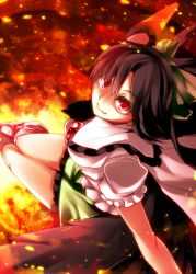 Rule 34 | 1girl, arm cannon, black hair, black wings, cape, fire, from above, hair ribbon, kazetto, long hair, red eyes, reiuji utsuho, ribbon, solo, touhou, weapon, wings