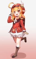 Rule 34 | 1girl, :d, ahoge, bag, blonde hair, blush, boots, cabbie hat, deaver, dress, full body, genshin impact, gloves, hat, highres, klee (genshin impact), long sleeves, looking at viewer, open mouth, pointy ears, red dress, red eyes, red hair, red hat, shorts, smile, solo, thighs, upper body, v