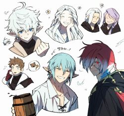 Rule 34 | 2girls, 5boys, ?, ^ ^, alisaie leveilleur, alphinaud leveilleur, anger vein, ardbert hylfyst, black robe, blue eyes, blue hair, clenched hand, closed eyes, cropped torso, crystal exarch, cup, earrings, elezen, elf, emet-selch, facial mark, facing viewer, final fantasy, final fantasy xiv, flying sweatdrops, frown, g&#039;raha tia, g'raha tia, grin, hair over one eye, hand on own cheek, hand on own face, haurchefant greystone, highres, holding, holding cup, hythlodaeus, jewelry, long hair, looking at viewer, multicolored hair, multiple boys, multiple girls, one eye covered, pointy ears, purple hair, red eyes, red hair, robe, scratching cheek, shirt, short hair, simple background, single earring, slit pupils, smile, spoken question mark, squiggle, tankard, tearing up, two-tone hair, upper body, venat (ff14), white background, white hair, white shirt, yooonggun