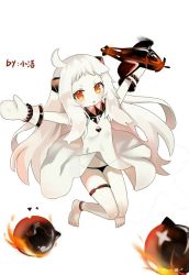 Rule 34 | 10s, 1girl, :3, abyssal ship, ahoge, aircraft, airplane, artist name, artist request, bare legs, barefoot, black panties, commentary request, enemy aircraft (kancolle), highres, horns, kantai collection, long hair, looking at viewer, mittens, northern ocean princess, orange eyes, outstretched arms, panties, simple background, spread arms, translation request, underwear, white background