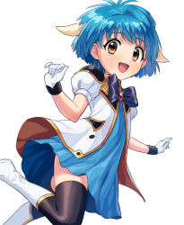 Rule 34 | 1girl, :d, asada hachi, black bow, black thighhighs, blue dress, blue hair, boots, bow, dress, galaxy angel, gloves, hair intakes, leg up, looking at viewer, mint blancmanche, open mouth, orange eyes, puffy short sleeves, puffy sleeves, short hair, short sleeves, simple background, smile, solo, thighhighs, white background, white footwear, white gloves