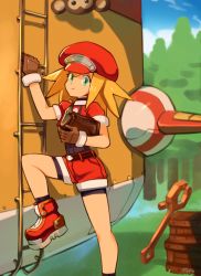 Rule 34 | 1girl, aircraft, airship, aqua eyes, artist name, bag, belt, black bodysuit, blonde hair, bodysuit, bodysuit under clothes, boots, brown gloves, cabbie hat, capcom, closed mouth, cropped jacket, data (mega man), flutter (mega man), forest, gloves, hat, jacket, long hair, looking at viewer, mega man (series), mega man legends (series), monkey, nature, optionaltypo, red footwear, red headwear, red jacket, red shorts, roll caskett (mega man), short sleeves, shorts, sleeves rolled up, smile, spiked hair, wrench
