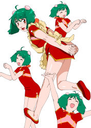 Rule 34 | 1girl, ahoge, apron, bun cover, china dress, chinese clothes, closed eyes, cowboy shot, double bun, dress, feet out of frame, frilled apron, frills, full body, green hair, hair bun, highres, macross, macross frontier, multiple views, ojipon, paw pose, ranka lee, red dress, red eyes, red footwear, short dress, short hair, simple background, smile, white background, yellow apron