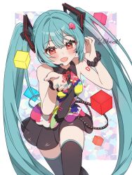 1girl black_skirt hasei_(hasei01) hatsune_miku musical_note necktie shirt skirt sleeveless sleeveless_shirt solo tell_your_world_(vocaloid) thighhighs twintails vocaloid