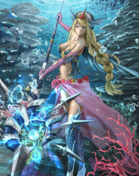 Rule 34 | 1girl, blonde hair, blue eyes, breasts, bubble, cleavage, elbow gloves, fish, gloves, highres, holding, holding staff, k ryo, large breasts, long hair, looking at viewer, navel, original, purple gloves, solo, staff, underwater