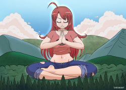 Rule 34 | 1girl, absurdres, barefoot, blue pants, blush, breasts, cloud, collarbone, dakunart, denim, closed eyes, forest, giant, giantess, grass, hands together, highres, hill, jeans, large breasts, long hair, meditation, midriff, mountain, nature, navel, pants, pink shirt, red hair, shirt, short sleeves, sitting, sky, torn clothes, torn pants, tree