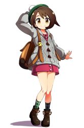 Rule 34 | 1girl, absurdres, baba (baba seimaijo), backpack, bag, boots, brown eyes, brown hair, commentary request, creatures (company), cross-laced footwear, game freak, gloria (pokemon), green hat, hat, highres, lace-up boots, long sleeves, looking at viewer, miniskirt, nintendo, pokemon, pokemon swsh, short hair, skirt, smile, solo, sweater, tam o&#039; shanter, white background