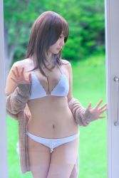 Rule 34 | 1girl, against glass, asian, bikini, breast press, breasts, breasts on glass, brown hair, cardigan, cleavage, day, female focus, highres, iori moe, japanese (nationality), jewelry, large breasts, long hair, looking away, navel, necklace, off shoulder, outdoors, photo (medium), solo, standing, stomach, swimsuit, white bikini, window