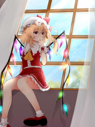 Rule 34 | 1girl, ascot, bare legs, blonde hair, buttons, crystal, curtains, day, dress shirt, finger to mouth, flandre scarlet, hair between eyes, hand up, hat, hat ribbon, highres, indoors, long hair, looking to the side, miniskirt, mob cap, puffy short sleeves, puffy sleeves, red eyes, red footwear, red skirt, red vest, ribbon, shirt, shoes, short sleeves, sitting, skirt, skirt set, socks, solo, tosakaoil, touhou, vest, white hat, white socks, window, wings, wrist cuffs, yellow ascot