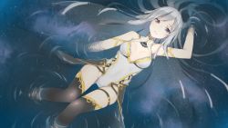 Rule 34 | 1girl, black thighhighs, breasts, breasts apart, fhang, floating, grey hair, groin, heterochromia, highres, long hair, looking at viewer, lying, on back, original, parted lips, purple eyes, red eyes, reflection, ripples, shooting star, sky, solo, star (sky), starry sky, thighhighs, very long hair